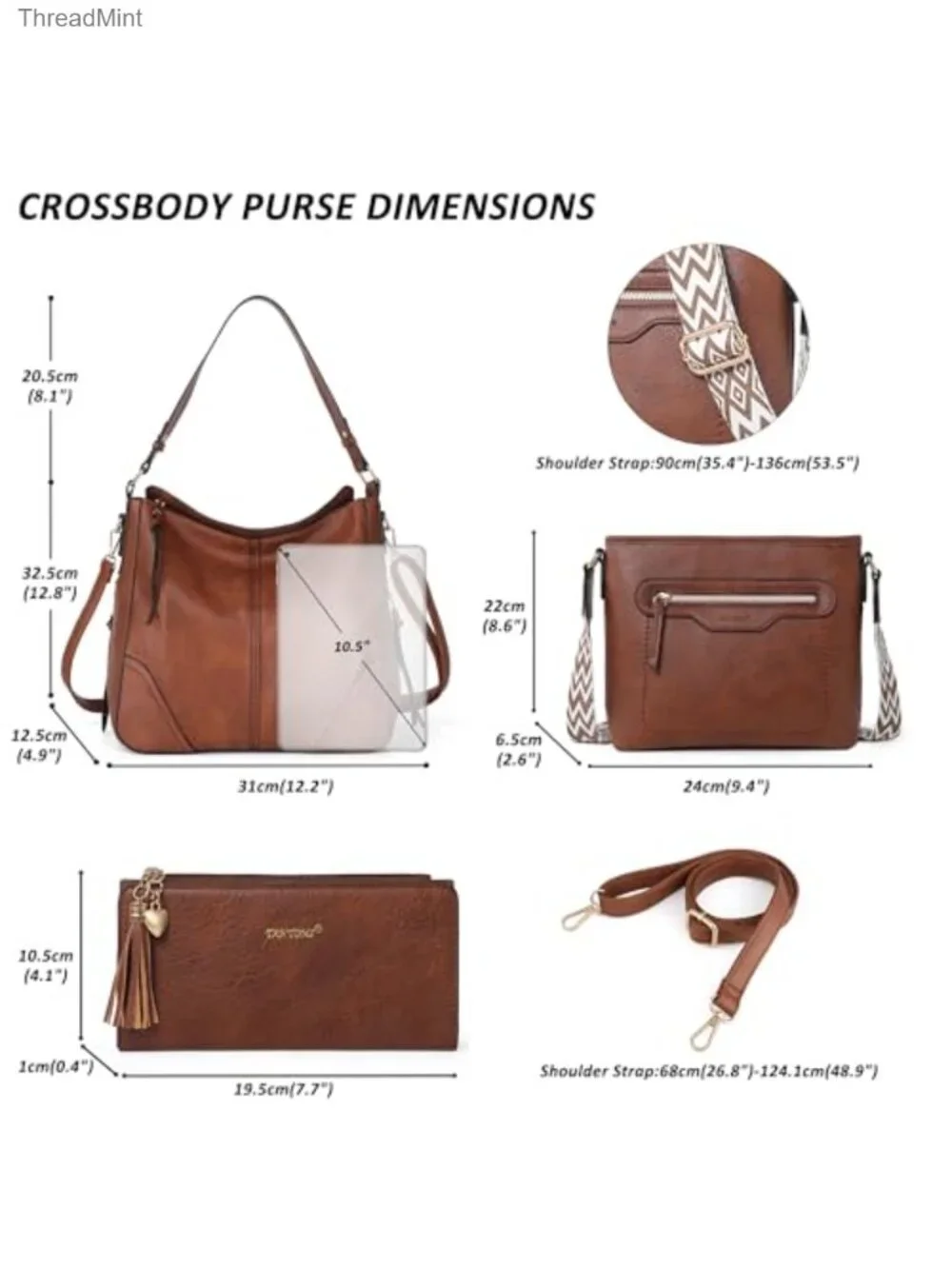 PU Leather 3 Piece Handbag Set with Crossbody Bag, Hobo Tote and Wallet